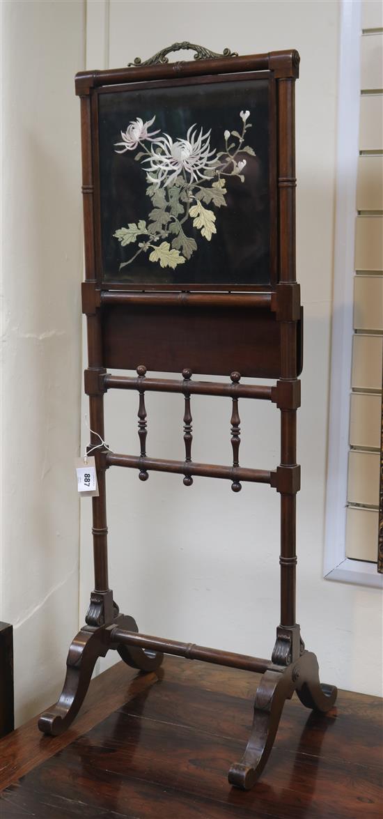 A Victorian mahogany firescreen inset Chinese silk embroidery H.111cm